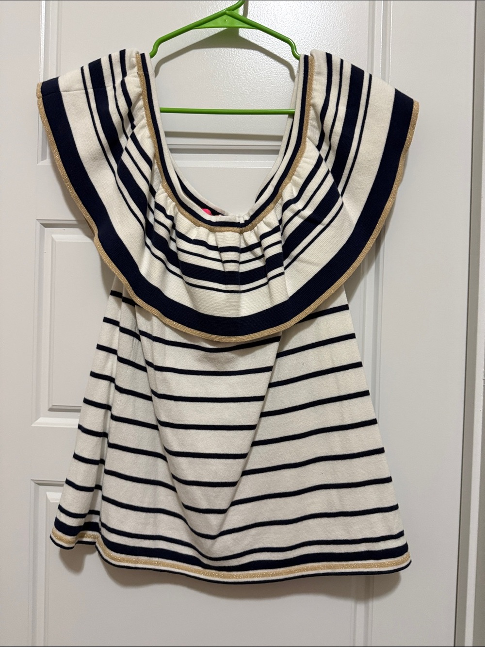Lilly Pulitzer Navy and Cream Striped Off-Shoulder Ruffle Sweater